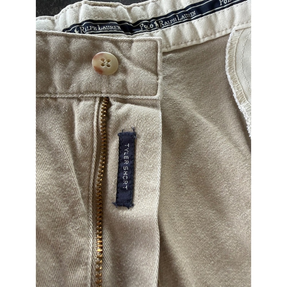 Polo Ralph Lauren Tyler Short Mens 34 Tan Pleated Chino Cotton Preppy Golf *Flaw - Picture 4 of 9